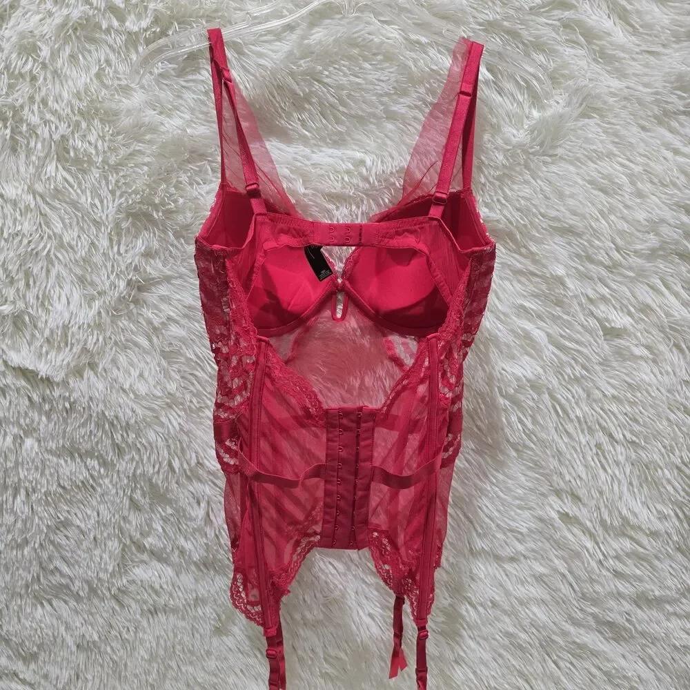 Victorias Secret Very Sexy Lace Mesh Corset Garter Baby Doll Teddy Bra 34D Red